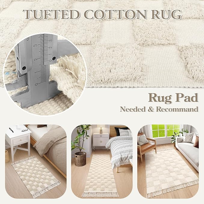 aldorian™-Boho Checkerboard Tufted Rug – Handmade Cotton Rug with Tasseled Edges