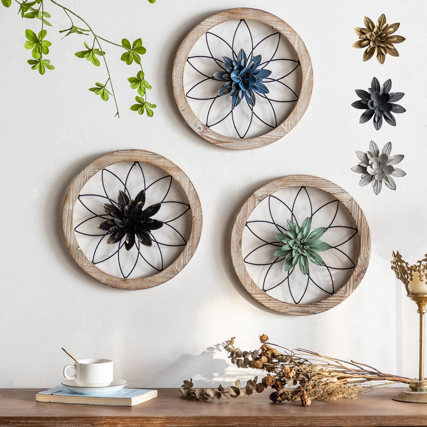 aldorian™-3-Piece Round Farmhouse Wall Decor Set | Rustic Wood & Metal Art | Interchangeable Flowers | Living Room, Bedroom, Kitchen, Bathroom Décor