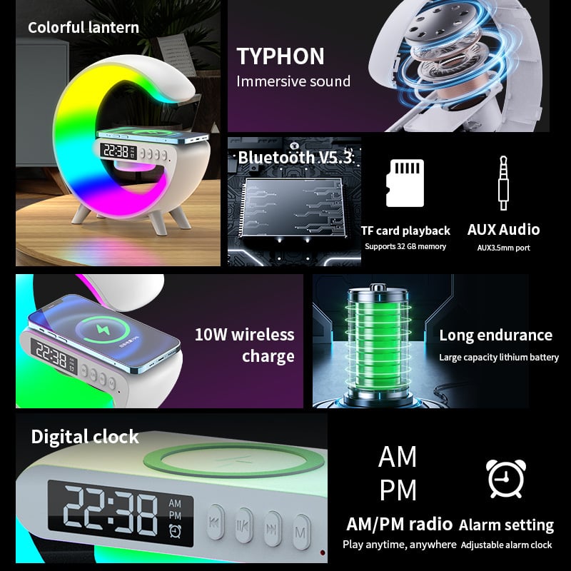 aldorian™-Multi-function Bluetooth Speaker - Colorful Ambient Light Wireless Charging Clock All-in-One