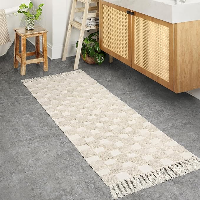 aldorian™-Boho Checkerboard Tufted Rug – Handmade Cotton Rug with Tasseled Edges