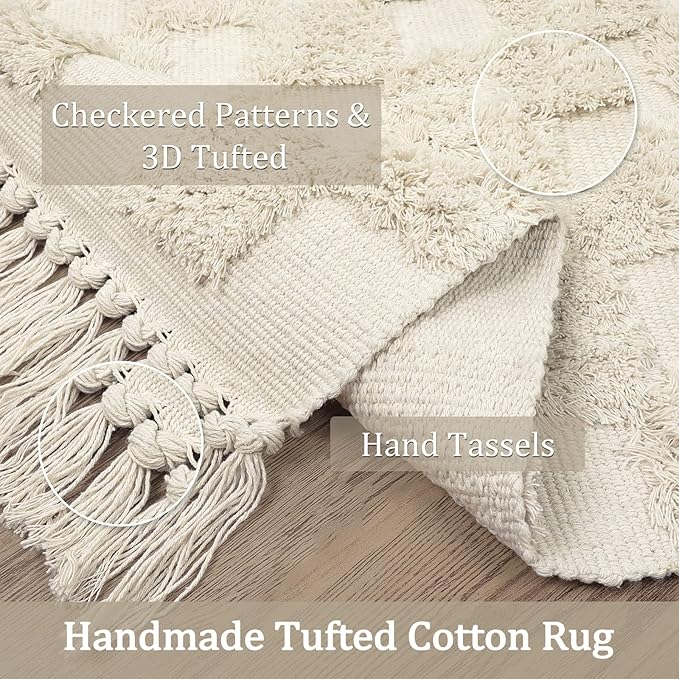 aldorian™-Boho Checkerboard Tufted Rug – Handmade Cotton Rug with Tasseled Edges