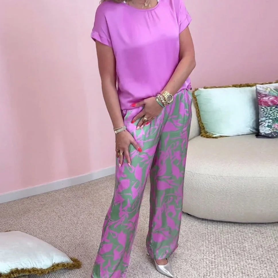 Top & Printed Wide-Leg Pants 2-Piece Set