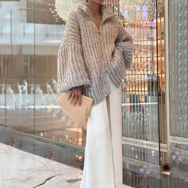 aldorian™-Christmas Promotion-Knitted sweater jacket with solid color sequins