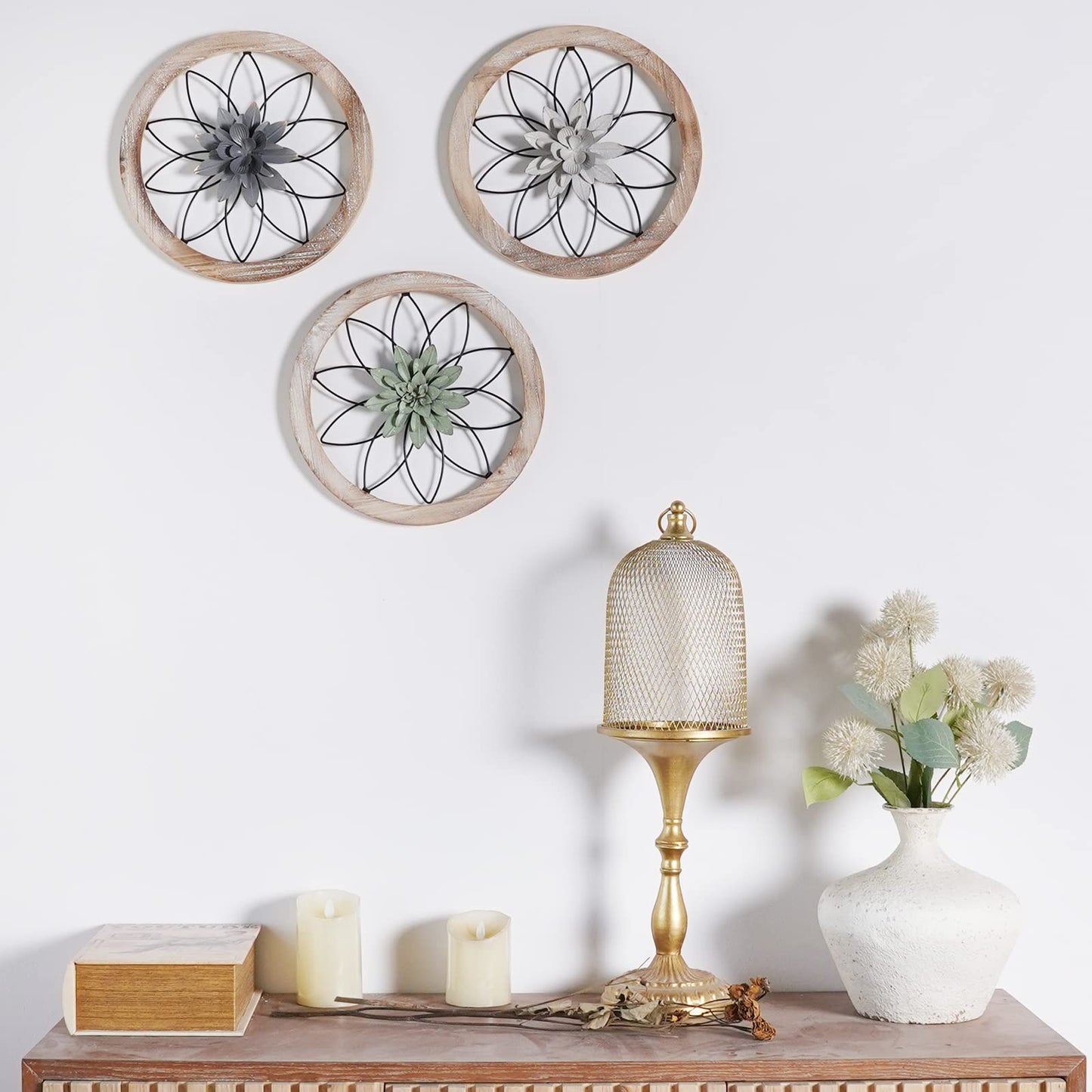 aldorian™-3-Piece Round Farmhouse Wall Decor Set | Rustic Wood & Metal Art | Interchangeable Flowers | Living Room, Bedroom, Kitchen, Bathroom Décor