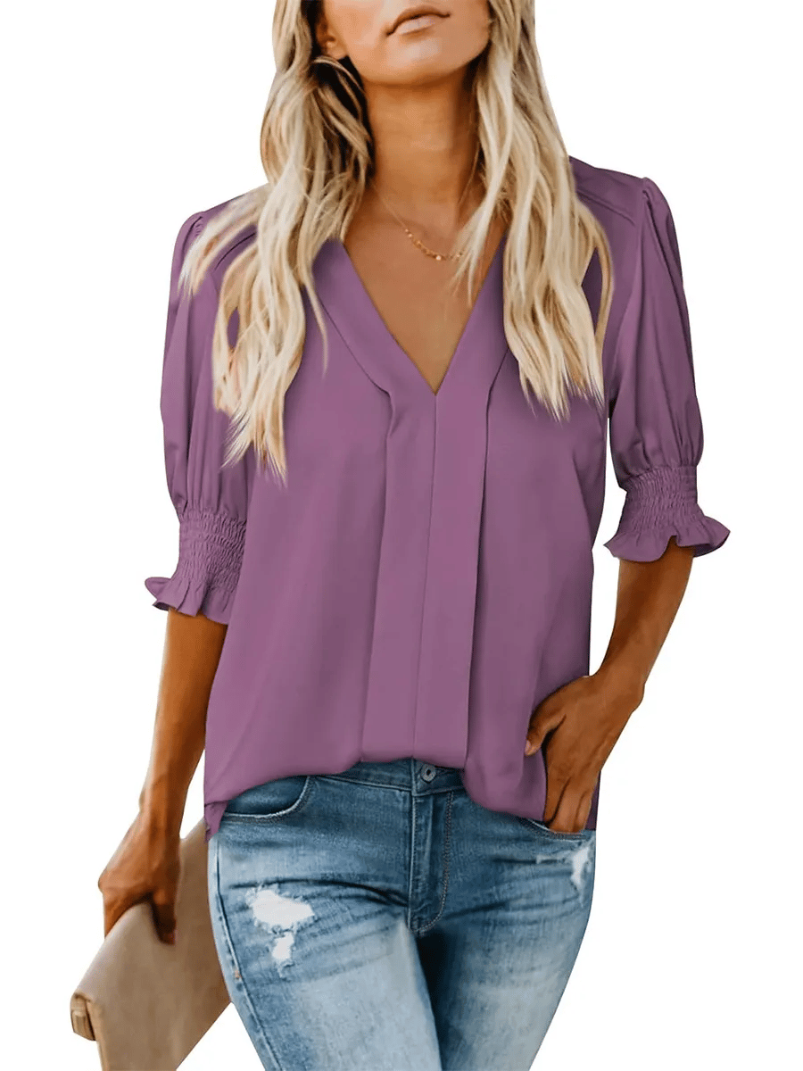 🔥Women's V Neck Dressy Puff Ruffle Blouse Casual Short Sleeve Tops