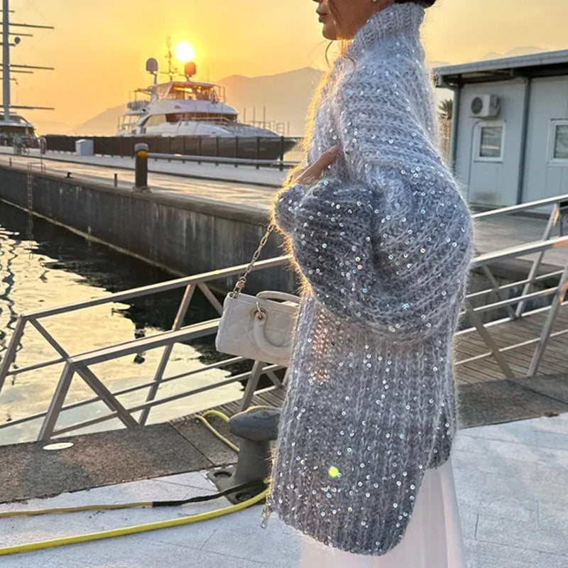 aldorian™-Christmas Promotion-Knitted sweater jacket with solid color sequins