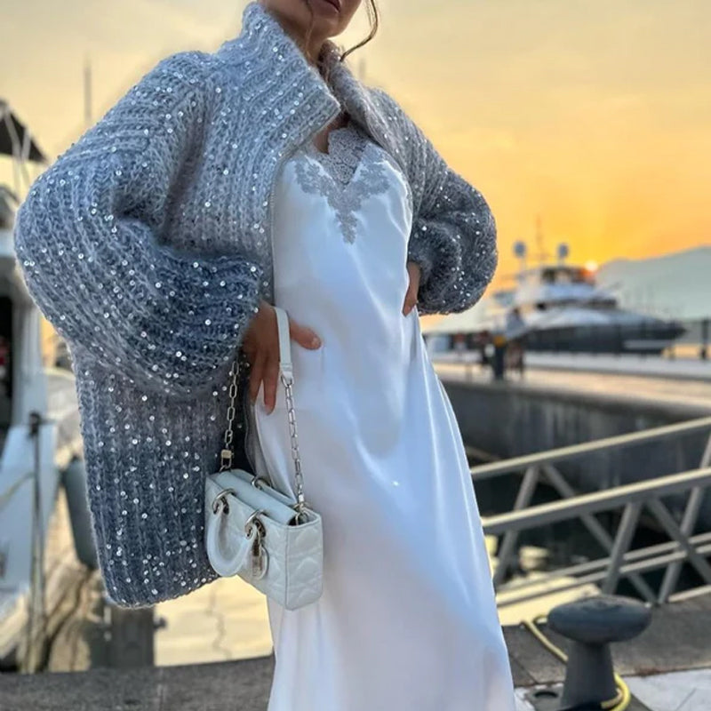 aldorian™-Christmas Promotion-Knitted sweater jacket with solid color sequins
