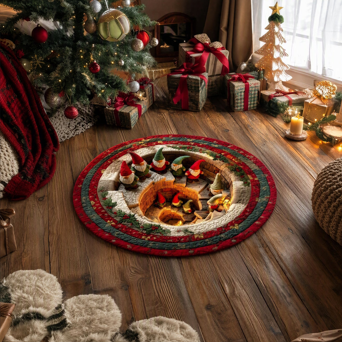 ๐3D Christmas Gnome Optical Illusion Round Rug | Fun Festive Home Decor MustโHaveโญ๐ ๐