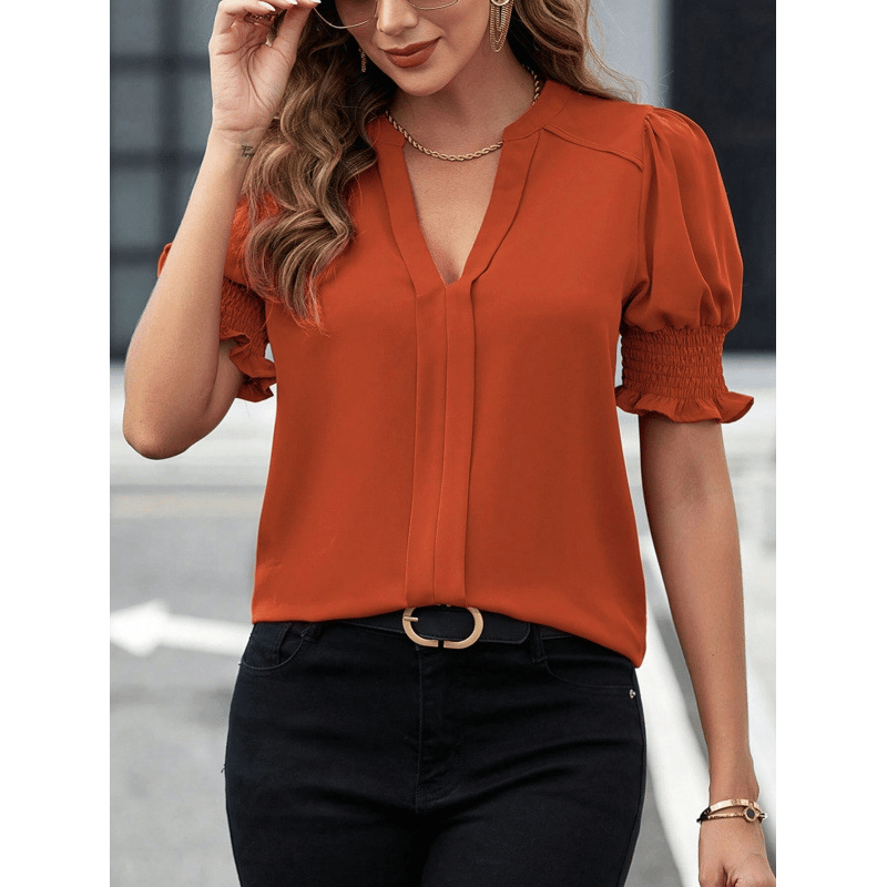 🔥Women's V Neck Dressy Puff Ruffle Blouse Casual Short Sleeve Tops