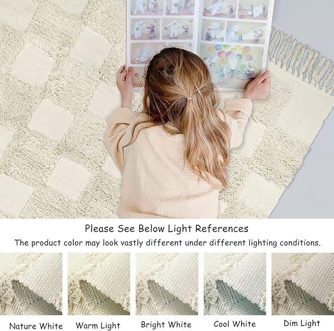 aldorian™-Boho Checkerboard Tufted Rug – Handmade Cotton Rug with Tasseled Edges