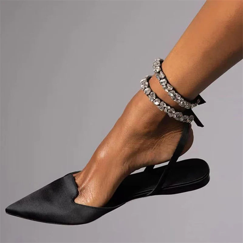 aldorian™-2024 Summer Glam Crystal Pointed Toe Flat Slide Sandals Fashionable Ankle Strap Shoe