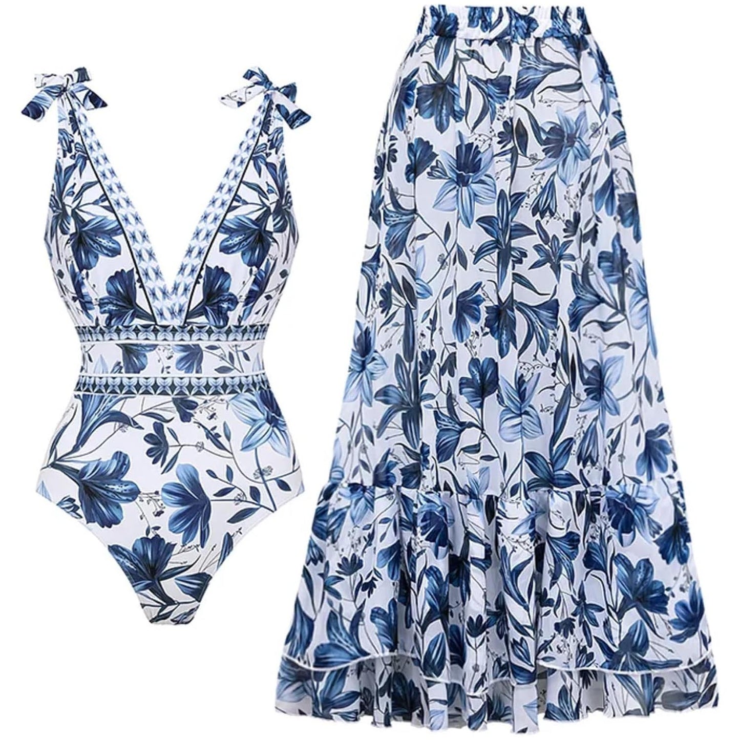 aldorian™-Women's Adjustable Shoulder Floral Print One Piece Swimsuit with Skirt/Sarong (Buy 2 Free Shipping)