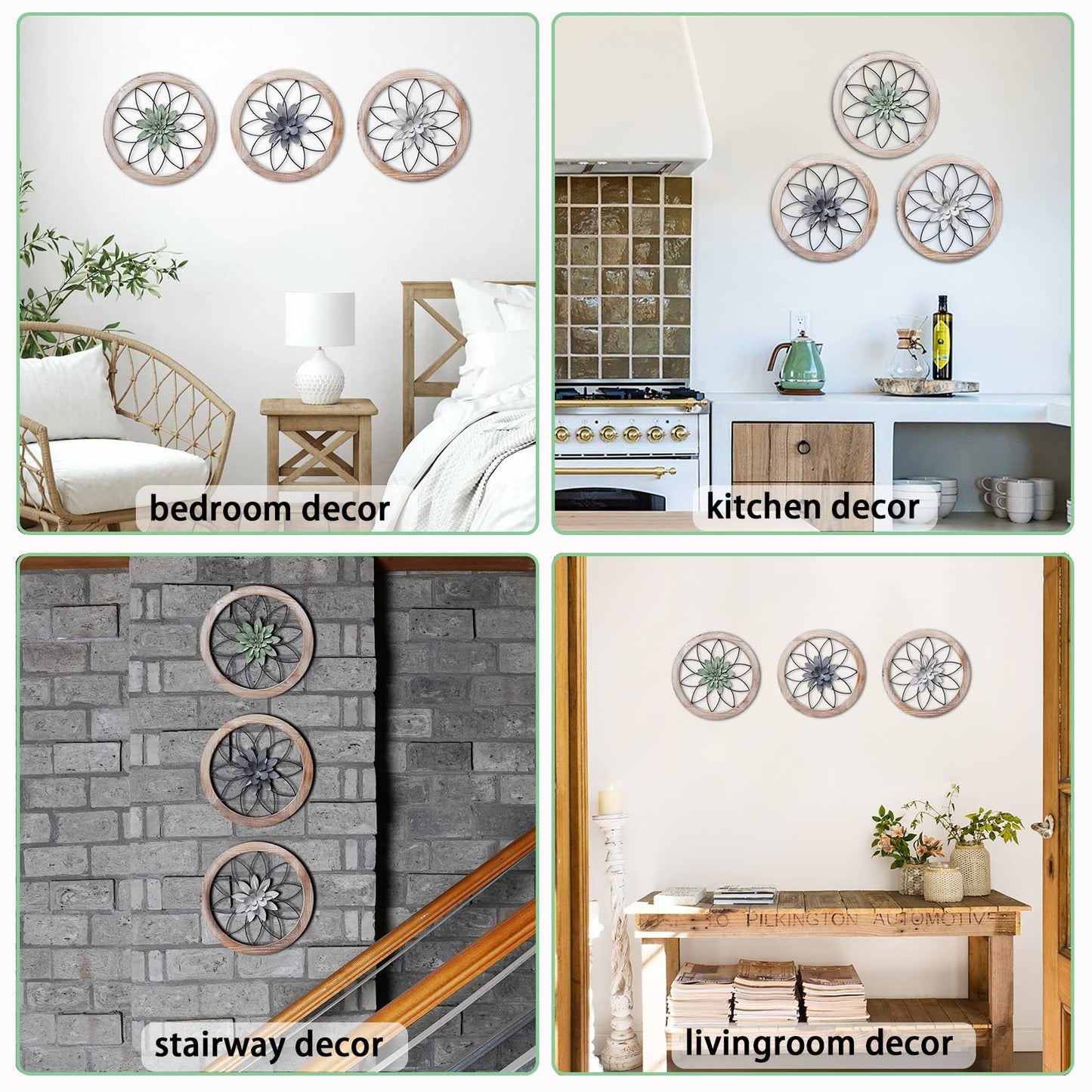 aldorian™-3-Piece Round Farmhouse Wall Decor Set | Rustic Wood & Metal Art | Interchangeable Flowers | Living Room, Bedroom, Kitchen, Bathroom Décor