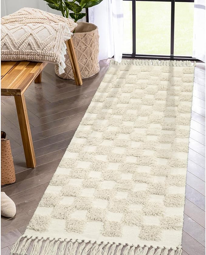 aldorian™-Boho Checkerboard Tufted Rug – Handmade Cotton Rug with Tasseled Edges