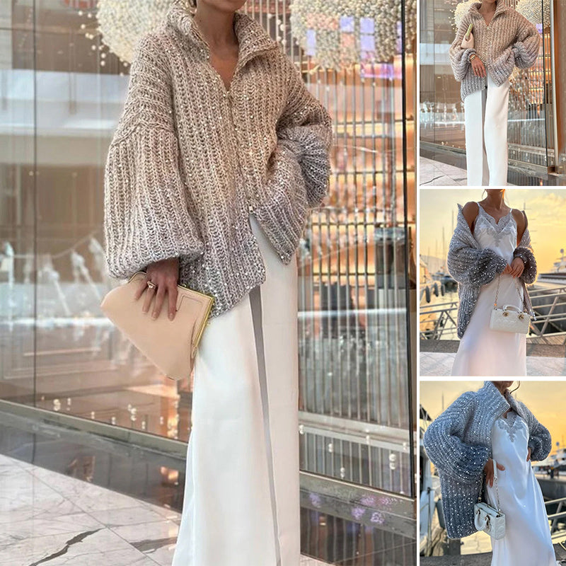 aldorian™-Christmas Promotion-Knitted sweater jacket with solid color sequins