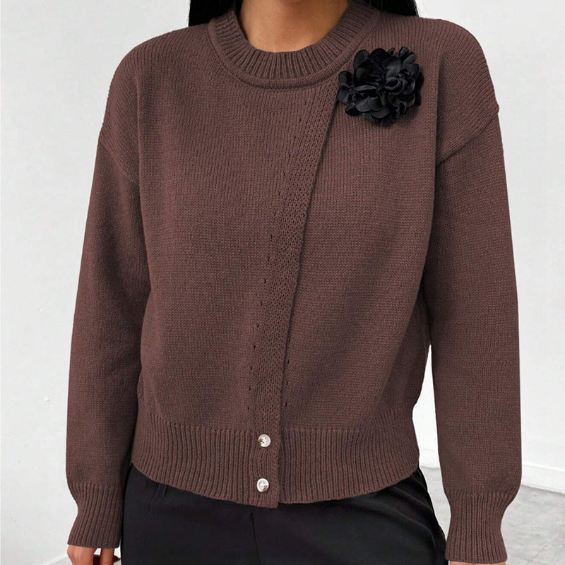 Women's Elegant Button-Down Wrap Sweater with Flower Accent