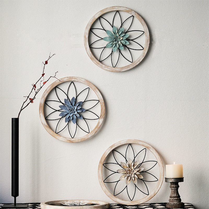 aldorian™-3-Piece Round Farmhouse Wall Decor Set | Rustic Wood & Metal Art | Interchangeable Flowers | Living Room, Bedroom, Kitchen, Bathroom Décor