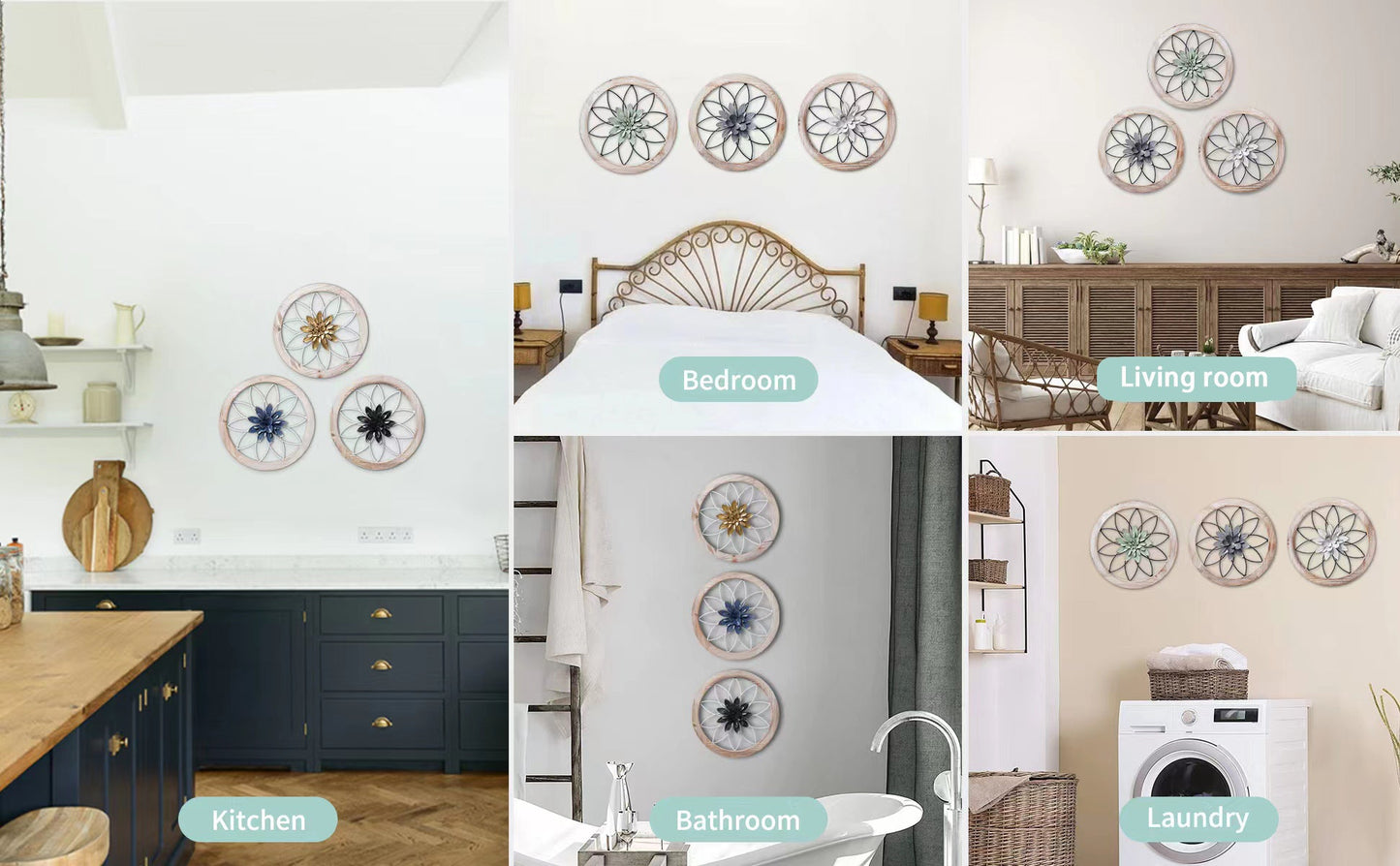 aldorian™-3-Piece Round Farmhouse Wall Decor Set | Rustic Wood & Metal Art | Interchangeable Flowers | Living Room, Bedroom, Kitchen, Bathroom Décor