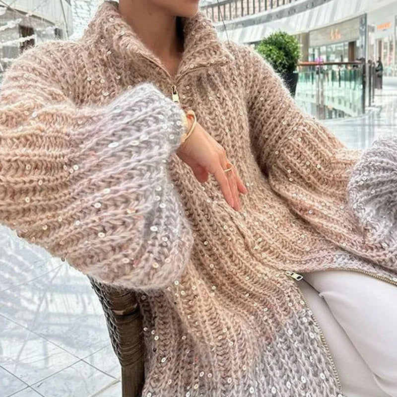 aldorian™-Christmas Promotion-Knitted sweater jacket with solid color sequins