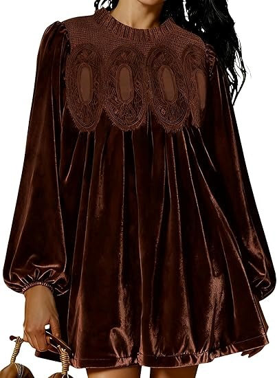 👗Womens A-Line Velvet Lace Overall Pleated Babydoll Mini Dress