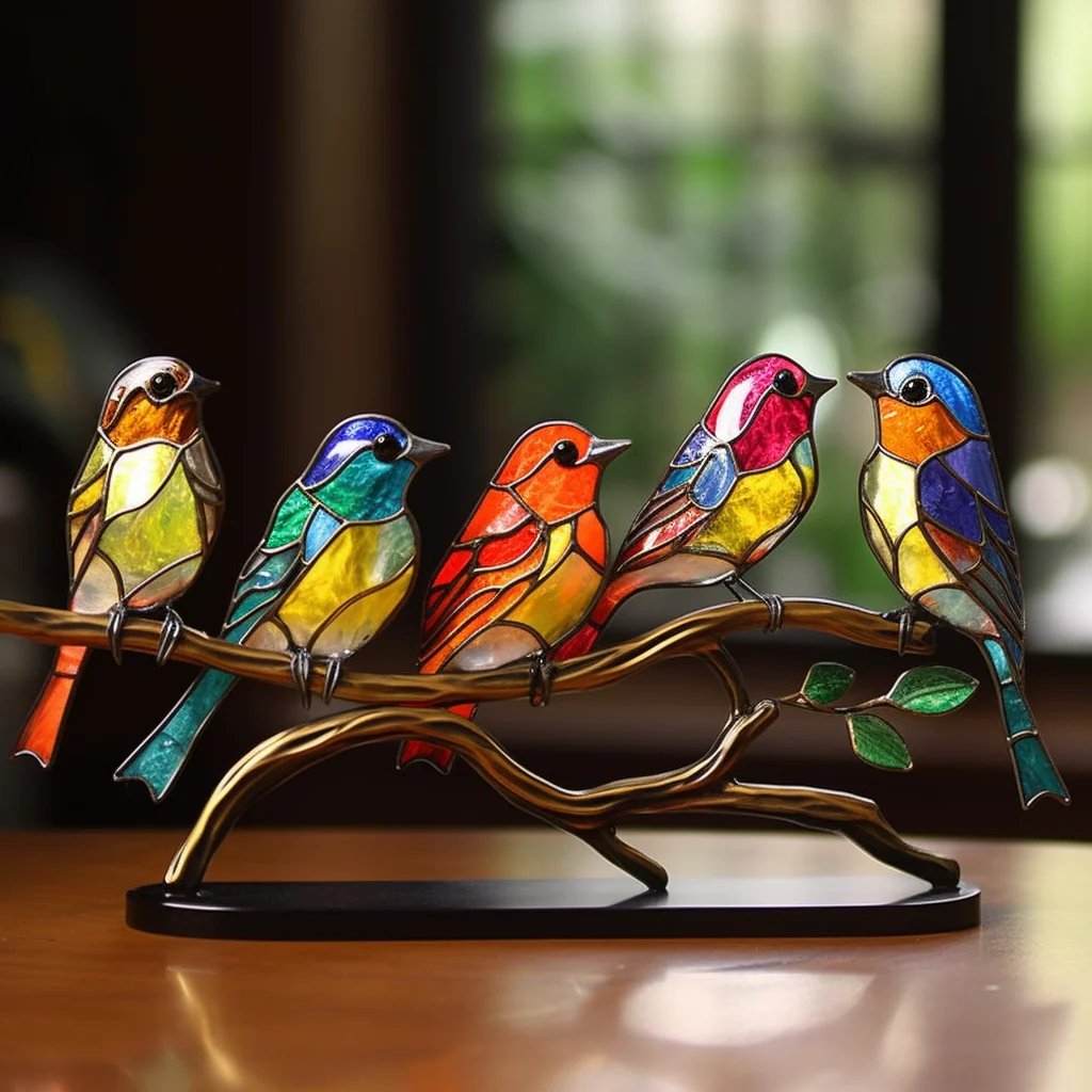aldorian™-Stained Glass Birds on Branch Desktop Ornaments