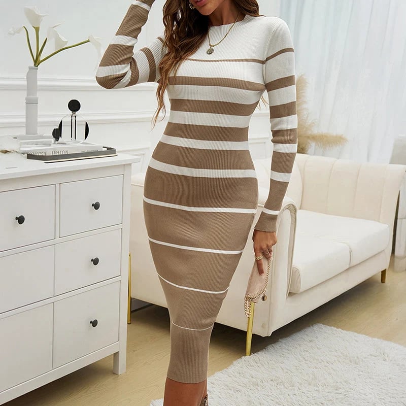 Women's Long-Sleeve Striped Bodycon Knit Dress