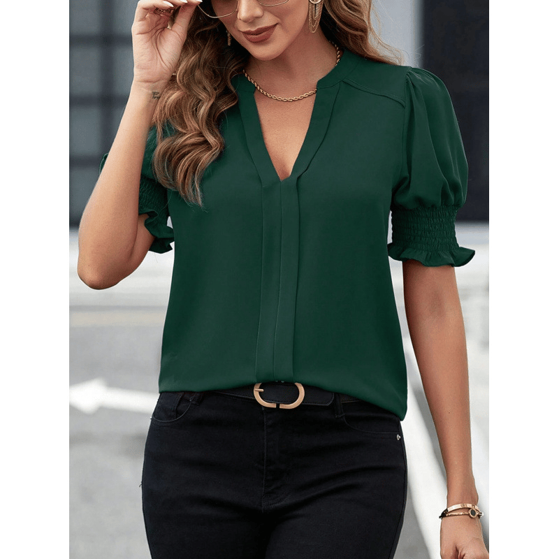 🔥Women's V Neck Dressy Puff Ruffle Blouse Casual Short Sleeve Tops