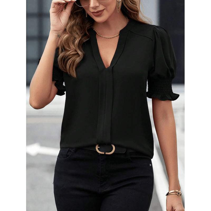 🔥Women's V Neck Dressy Puff Ruffle Blouse Casual Short Sleeve Tops