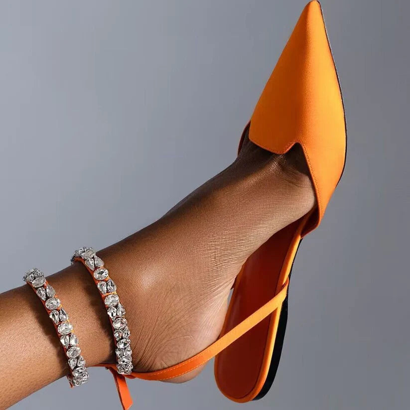aldorian™-2024 Summer Glam Crystal Pointed Toe Flat Slide Sandals Fashionable Ankle Strap Shoe