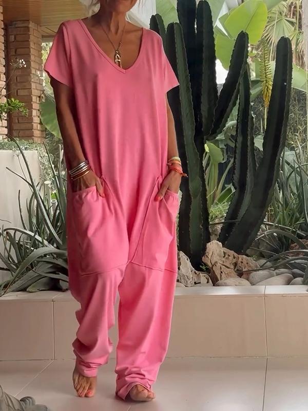 aldorian™-Casual V-neck Solid Color Jumpsuit