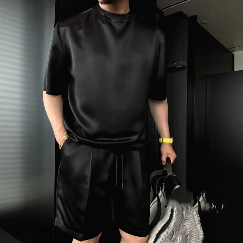 ⏳🔥High Quality Men's Mercerized Cotton Casual Solid Color Top and Shorts Two-Piece Set【Loose fit, suitable for all occasions】