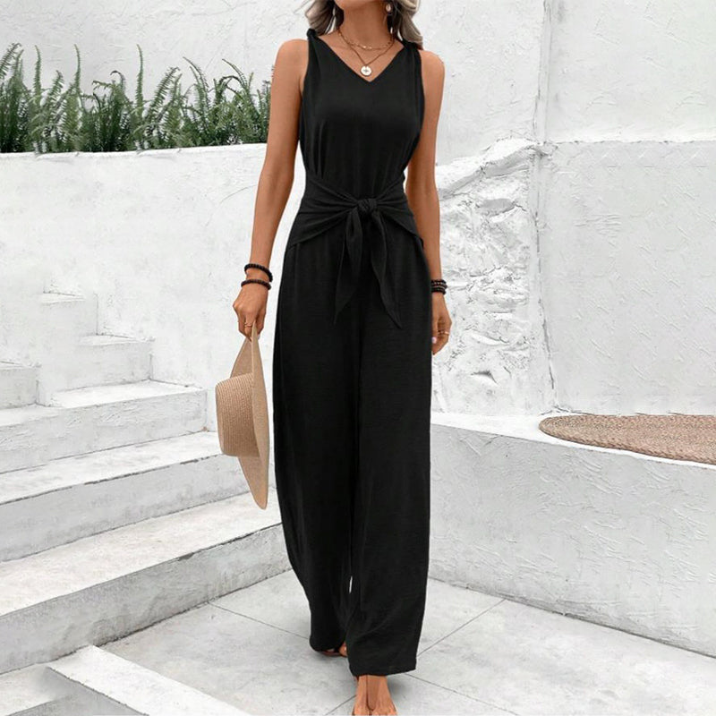 🏖️🌼Women's Solid Color Waist Tie Jumpsuit
