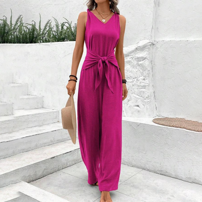 🏖️🌼Women's Solid Color Waist Tie Jumpsuit