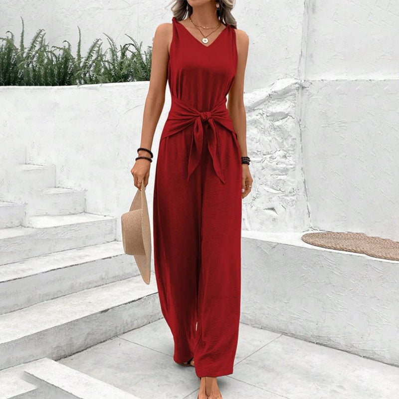 🏖️🌼Women's Solid Color Waist Tie Jumpsuit