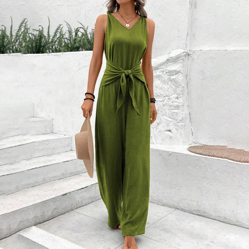 🏖️🌼Women's Solid Color Waist Tie Jumpsuit