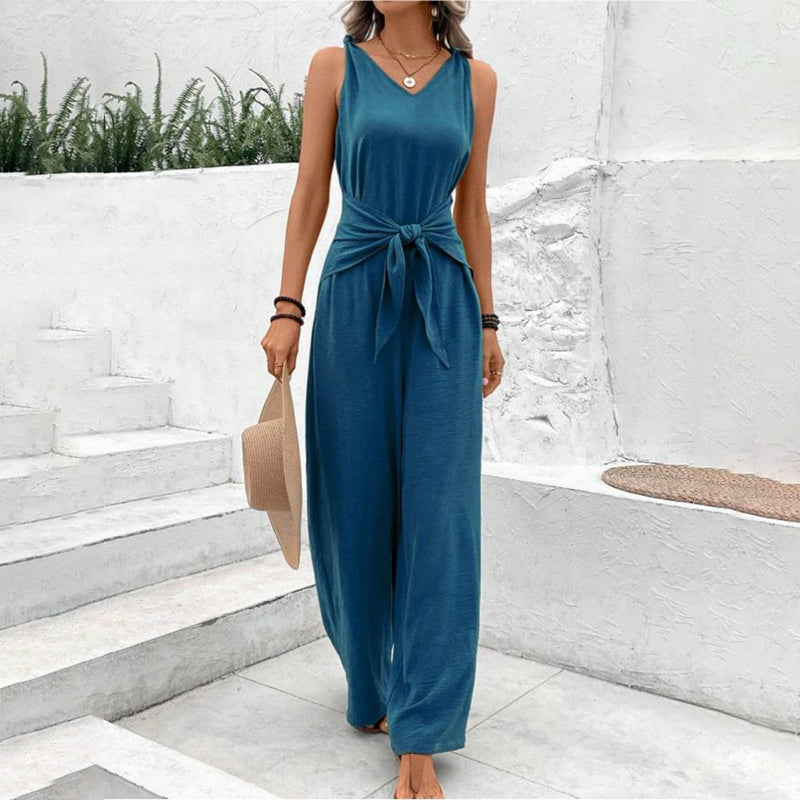 🏖️🌼Women's Solid Color Waist Tie Jumpsuit