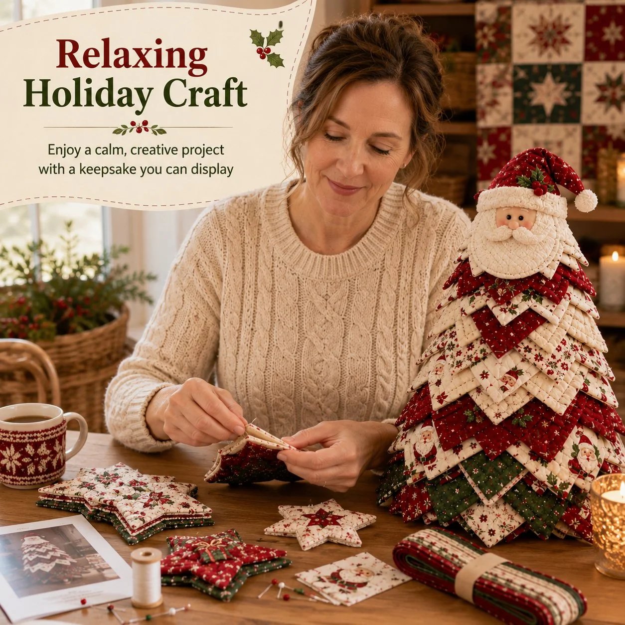 🔥HOT SALE🔥LAST DAY 50% OFF - 🎄DIY Quilted Santa Christmas Tree Kit – Handmade Fabric Holiday Tabletop Tree Decor