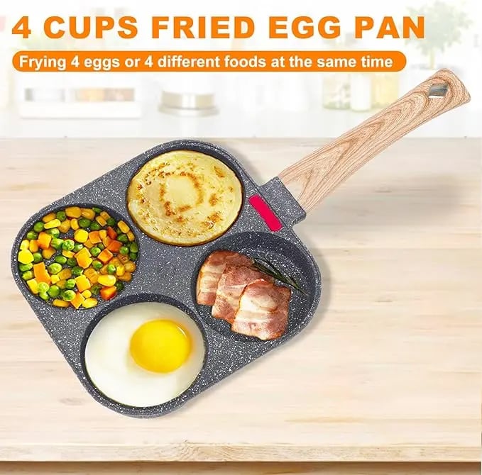 Non-stick Egg Frying Pan, 4 Holes Skillet With Handle, Multifunctional, Wooden Handle Medical Stone Omelet Non-stick Cookware frying pan