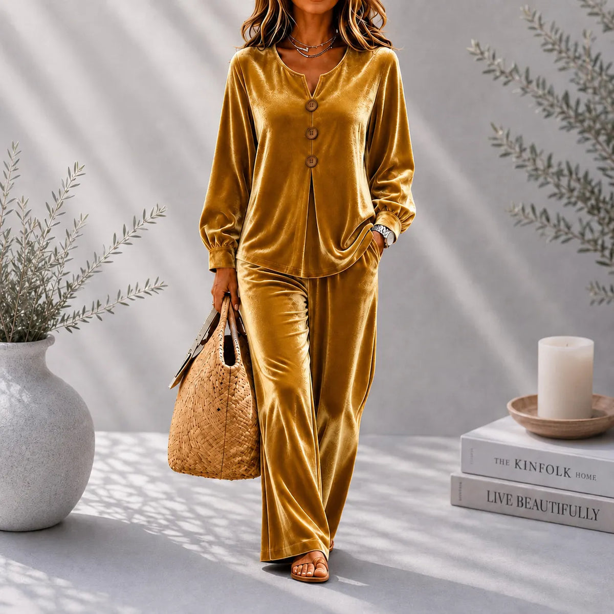 Women's Velvet V-Neck Button-Front Top and Wide-Leg Trousers