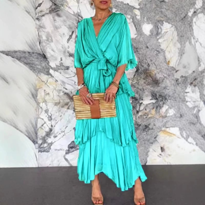 aldorian™-💐 Elegant layered dress with V-neckline, wrap around waist and tie