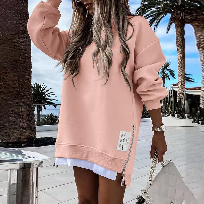 🎁 2025 Womens Long Sleeve Pullover Sweatshirt Zipper Slit Casual Dress Drop Shoulder Oversized Outfits