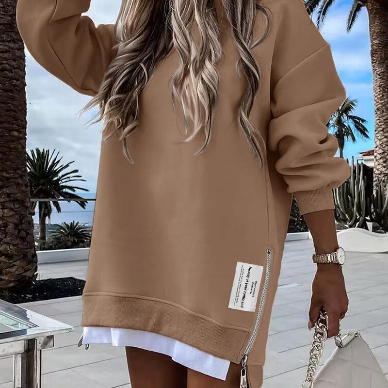 🎁 2025 Womens Long Sleeve Pullover Sweatshirt Zipper Slit Casual Dress Drop Shoulder Oversized Outfits