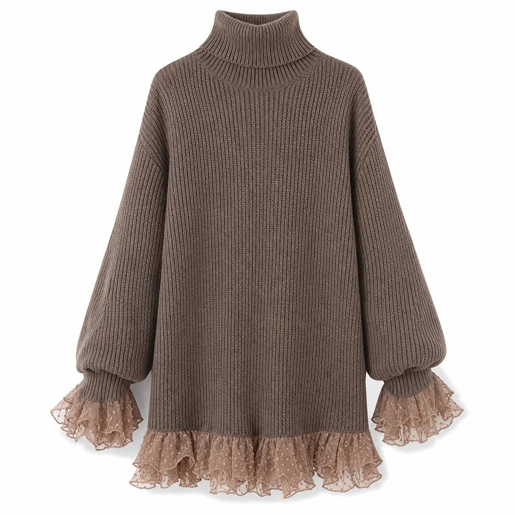 Oversized Mock Neck Knit Sweater Dress with Ruffle Tulle Trim