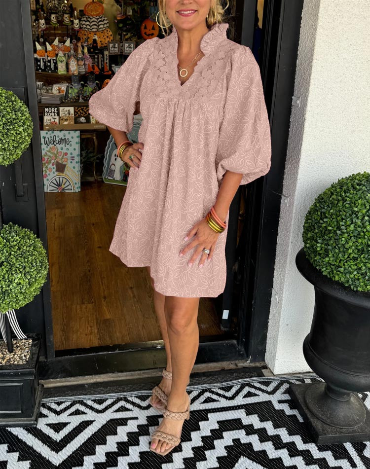 aldorian™-Women's Puff Sleeve Leaf Jacquard Mini Dress (Buy 2 Free Shipping)