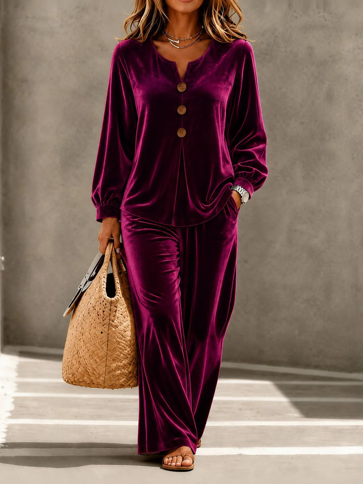 Women's Velvet V-Neck Button-Front Top and Wide-Leg Trousers