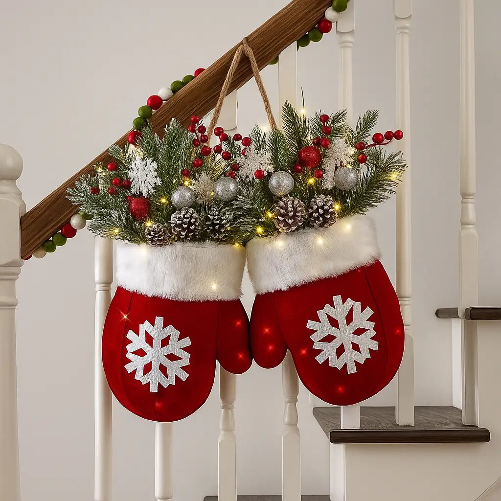 Twinkling Christmas Mitten Wreath with 120 LED Lights & 10H Auto Timer