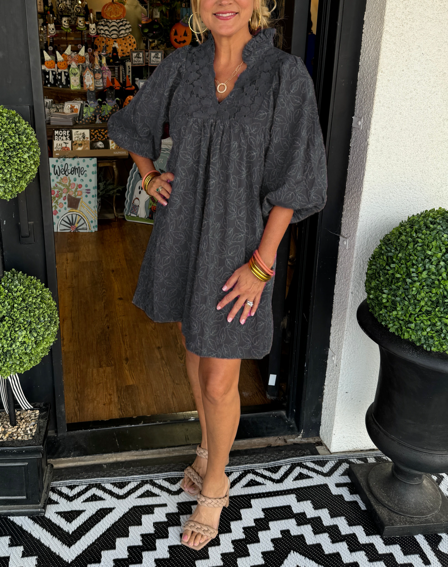 aldorian™-Women's Puff Sleeve Leaf Jacquard Mini Dress (Buy 2 Free Shipping)