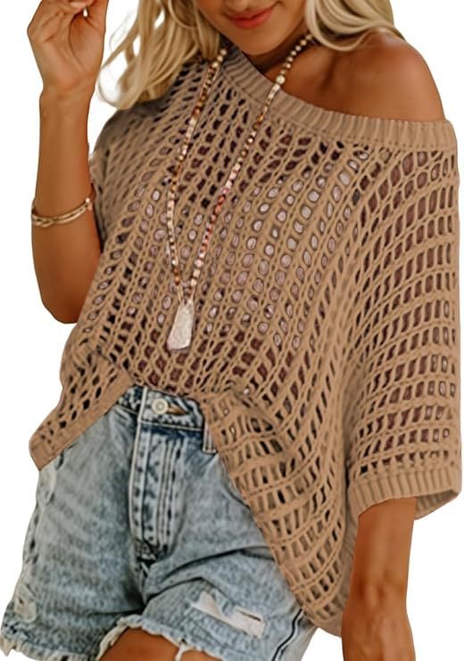 aldorian™-🎁 Womens Summer Scoop Neck Short Sleeve Sweater Casual Crochet Hollow Out Knit Tops Pullover Shirts Beach Coverup