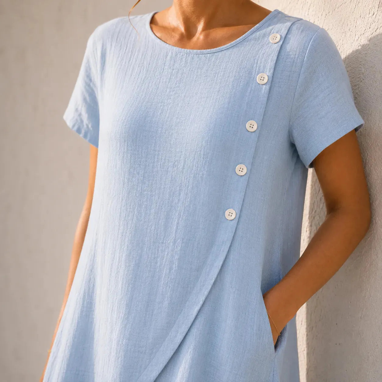 Round Neck Linen Midi Dress with Asymmetrical Buttons