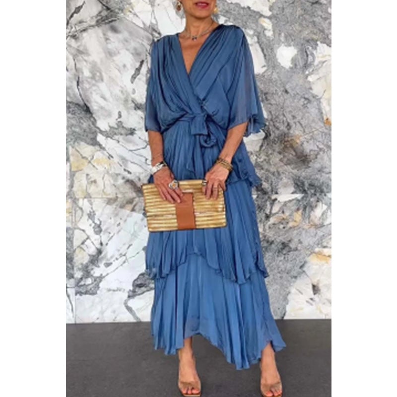 aldorian™-💐 Elegant layered dress with V-neckline, wrap around waist and tie